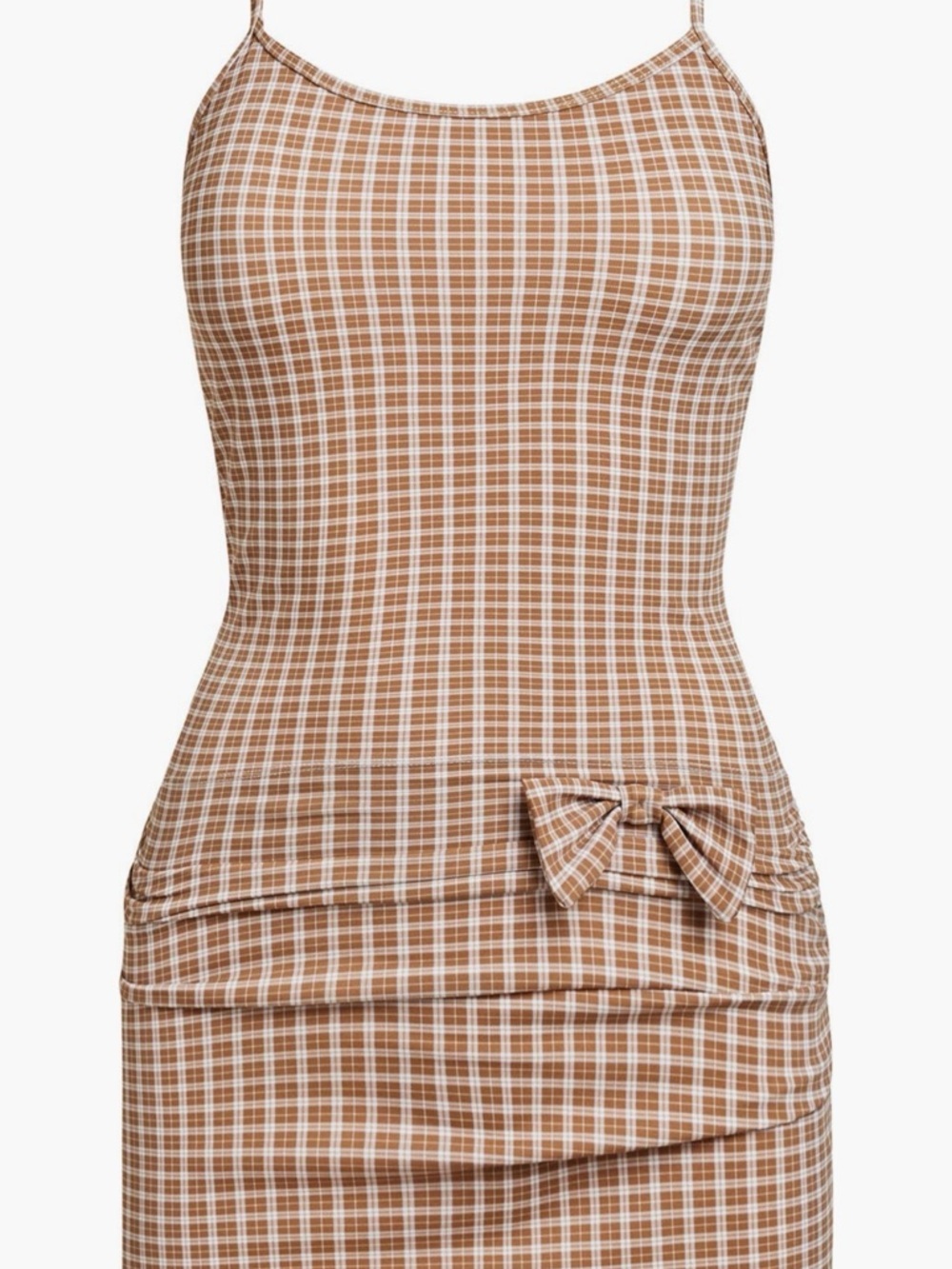 Lioness Brown and White Plaid Spaghetti-Strap Dress with Bow